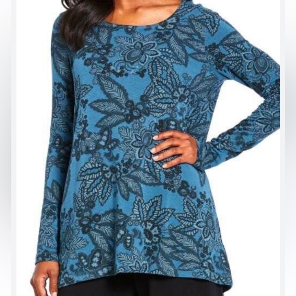Bryn Walker Women's XL Floral French Terry Tunic Blue Lagenlook XL